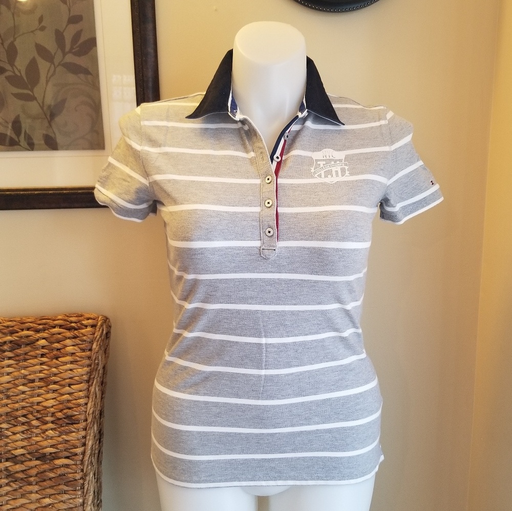 Tommy Hilfiger Grey/White Striped Polo Shirt Med